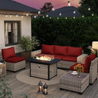 7-Piece Outdoor Patio Furniture Set with 55,000 BTU Fire Pit Table, PE Wicker Rattan Sectional Sofa Patio Conversation Set with Thickened Cushions & Coffee Table, Red