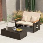 Tangkula Patio Rattan Daybed with 4-Level Adjustable Backrest, Outdoor Wicker Loveseat with Acacia Wood Armrest, Storage Ottoman & Folding Tray, Double Sunbed Lounger for Balcony, Backyard & Poolside