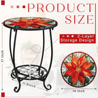 Outdoor Side Table Round Small Mosaic Patio Accent Indoor End Plant Coffee Tea Table for Yard Patio Porch Garden Living Room, Bedroom(Poinsettia,14 Inch)