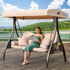 3 in 1 Outdoor Porch Swing with Adjustable Canopy, 3 Seat Outdoor Swing for Adults, Patio Swing Chair with Thickened Cushions,Pillows & Cup Holders for Backyard, Porch, Garden (Khaki)