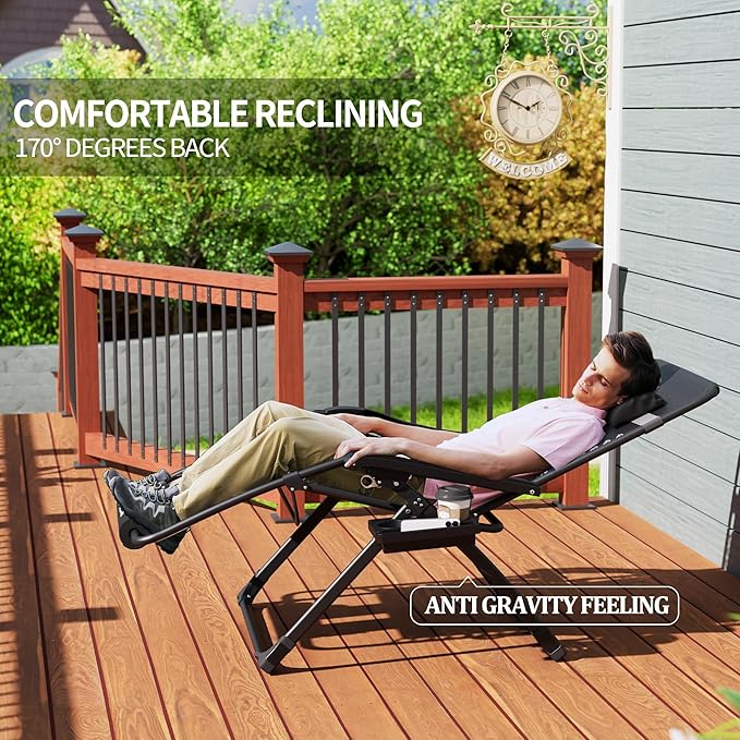 UDPATIO Oversized Zero Gravity Chair 33In XXL Patio Reclining Chair with Cushion, Outdoor Folding Recliner with Pillows, Cup Holder, Foot Rest & Padded Headrest, Support 500LB (2, Dark Grey-XL)