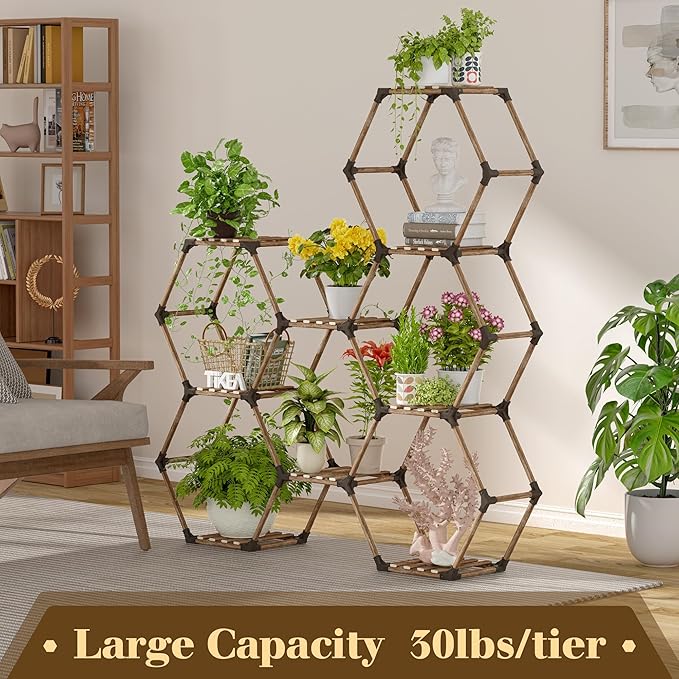 Tikea - Hexagonal Plant Stand Indoor Outdoor Large 11 Tiered Wooden Plant Shelf Indoor Creative Flower Decor for Living Room Balcony Patio