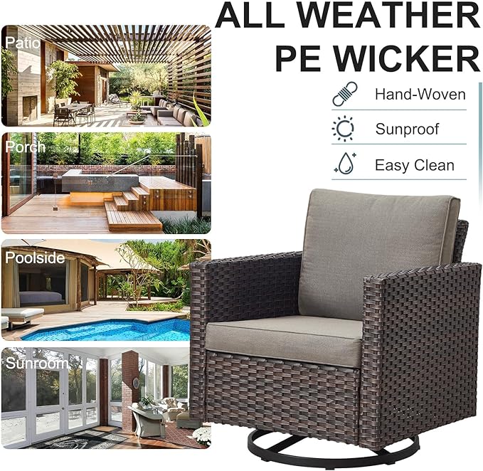 Belord 6 Piece Outdoor Furniture Patio Wicker Sofa Set, Oversize Outdoor Swivel Rocker Chairs with Rattan Ottomans, Conversation Sets Patio Furniture Come with Removable Washable Blue Cushion