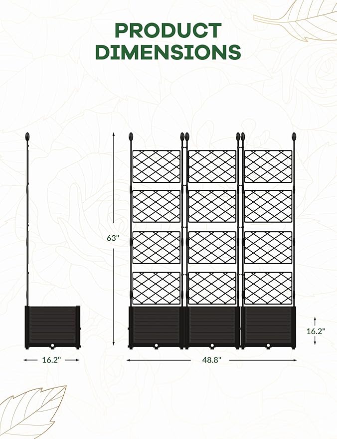 IDEALHOUSE 3 PCS Raised Garden Bed with Trellis, 50" W×63" T Plastic Planter Box with Privacy Screen, Sturdy Lightweight Vertical Garden for Climbing Plants Patio Balcony Backyard