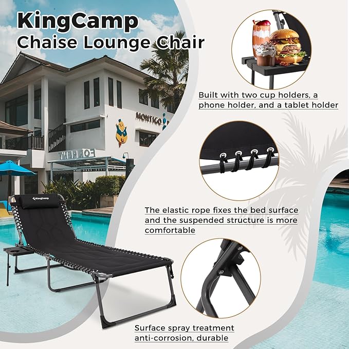 KingCamp Oversize Lounge Chair Outdoor, Extra Large Padded Folding 5 Positions Chaise Tanning Chairs with Pillow & Side Table for Outside Sunbathing Beach Patio Pool Camping (Black)