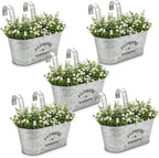 Briful 10'' Hanging Planter Outdoor 5PCS Metal Railing Planter for Herb Flower, Oval Galvanized Buckets with Detachable Hooks, Garden Fence Balcony Windowsill Hanging Pot, Silver