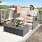 VINGLI Patio Daybed, Wicker Outdoor Daybed with Storage Ottoman & 5-Level Adjustable Backrest, All-Weather Rattan Cushioned Patio Loveseat Sofa for Garden Balcony Backyard (Beige, Gray)