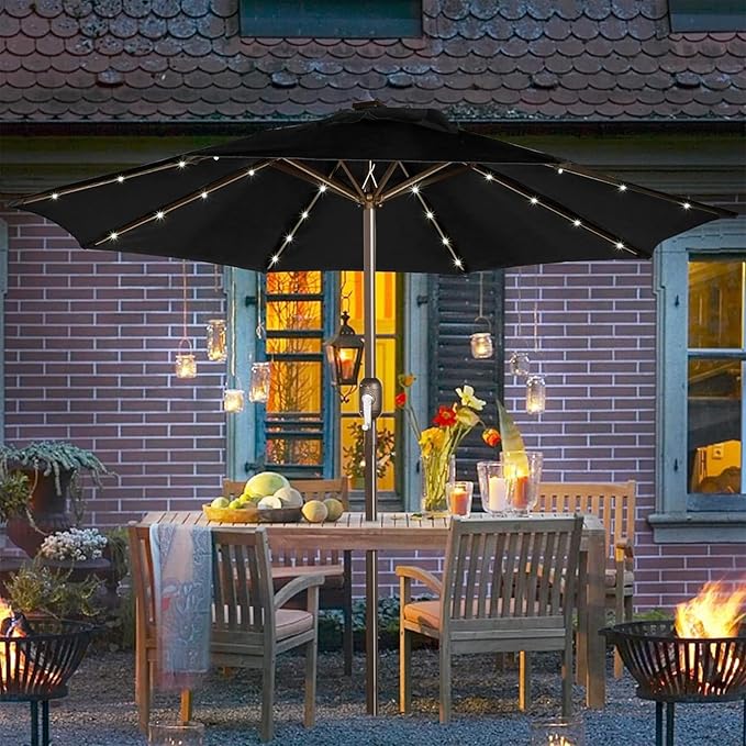 Blissun 9 ft Solar Umbrella, 32 LED Lighted Patio Umbrella, Table Market Umbrella, Outdoor Umbrella for Garden, Deck, Backyard, Pool and Beach (Black)