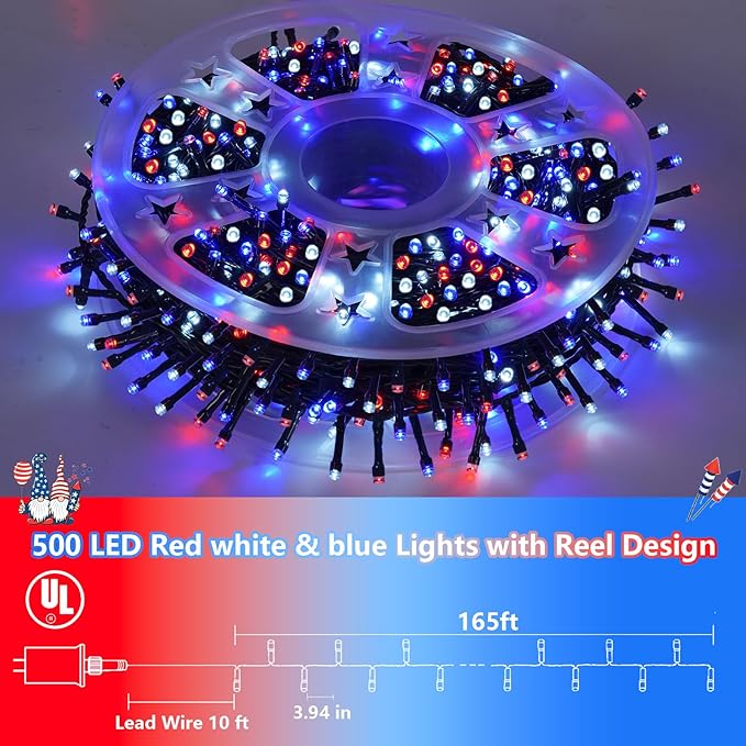 String Lights, 165ft Red White Blue LED, Outdoor Waterproof
