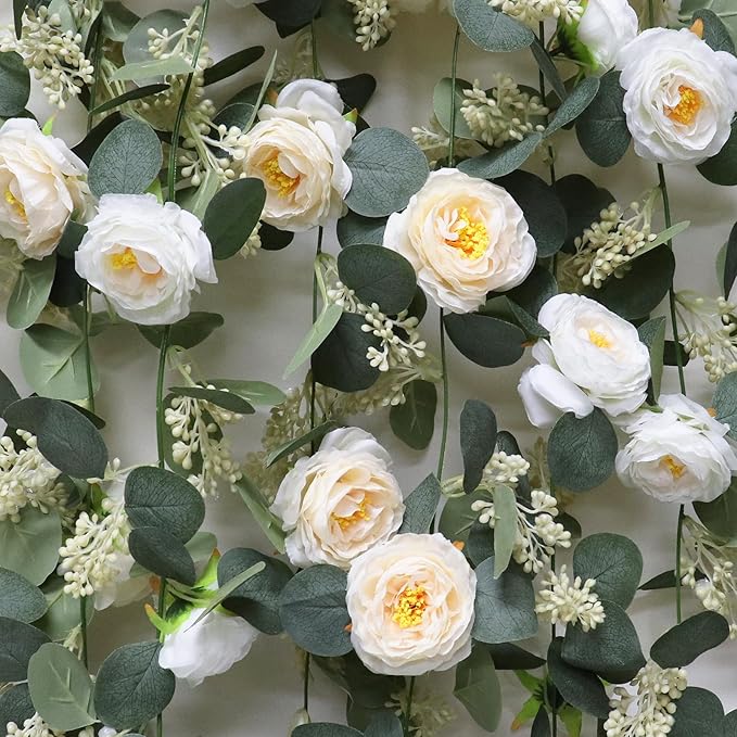 Champagne Eucalyptus Garland with Roses, 2 Pack Artificial Greenery