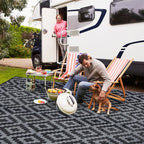 SAND MINE Waterproof Outdoor Rug 8x8 ft, Plastic Reversible Rug, Modern Area Rug, Large Floor Mat for Outdoors, RV, Patio, Backyard, Deck, Picnic, Beach, Camping (8' x 8', Black Grey Lattice)