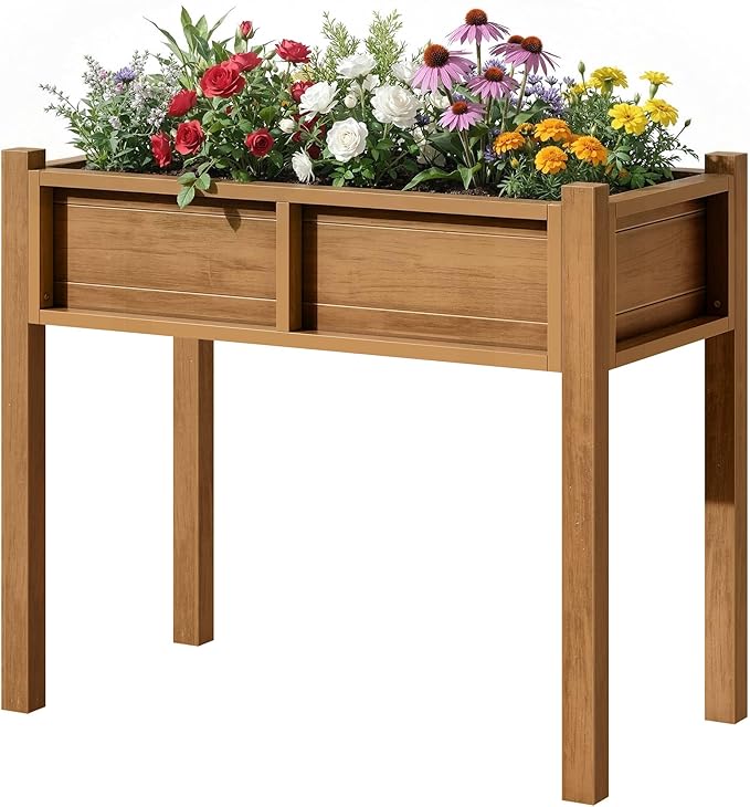 YITAHOME Elevated Garden Bed HDPE Raised Garden Bed with Legs & Drainage Hole Poly-Wood Weatherproof Elevated Planter Box Patio Planters for Vegetables Flowers Plant Bed for Garden, Teak
