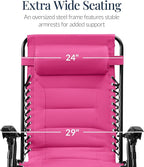 Best Choice Products Oversized Padded Zero Gravity Chair, Folding Outdoor Patio Recliner, XL Anti Gravity Lounger for Backyard w/Headrest, Cup Holder, Side Tray, Polyester Mesh - Hot Pink