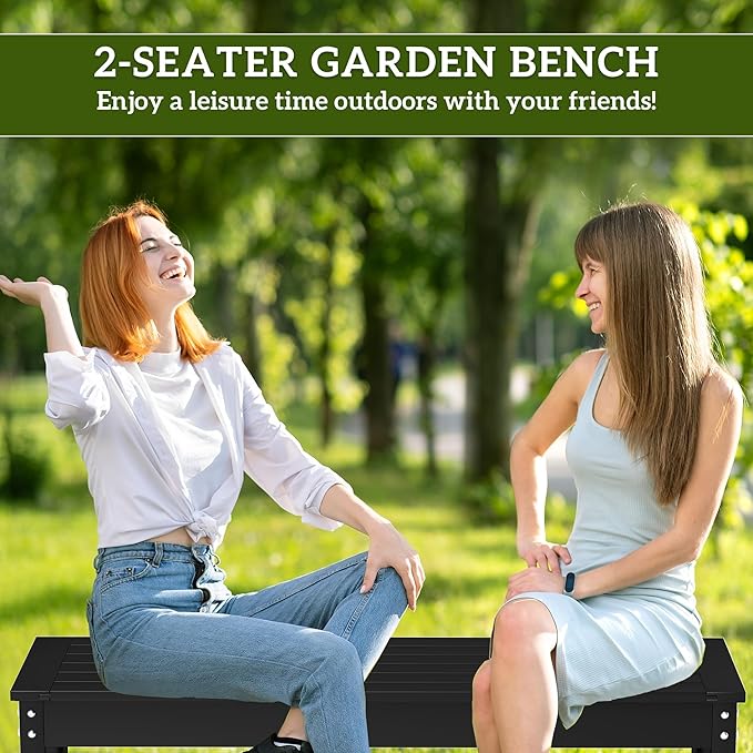 Outsunny Outdoor Bench, 47" 2-Person HDPE All-Weather Patio Bench Seat, Backless Garden Loveseat with Slatted Seat, Rot and Fade Resistant for Yard, Porch, Park, Black