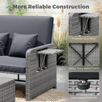 HAPPYGRILL Patio Rattan Wicker Daybed with Loveseat & Storage Ottoman, Outdoor Lounge Sofa Furniture Set with Adjustable Backrest & Side Trays, for Poolside Deck Porch Lawn (Mix Grey & Grey)