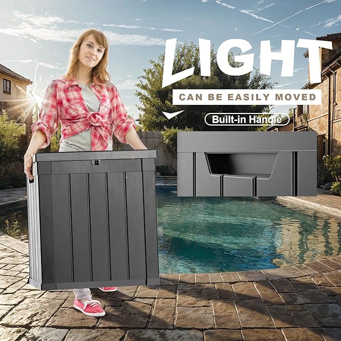 ROJIK Outdoor Storage Housing Deck Box - Waterproof Patio Furniture, Garden Tools, Cushions, Pool Accessories Storage Bench with Lockable Lid and Side Handles (Black, 50 Gal)