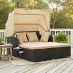 Tangkula Patio Rattan Daybed with Retractable Canopy, Outdoor Wicker Sunbed Lounger with 2 Foldable Side Tables, Thick Seat & Back Cushions, Outside Double Daybed for Garden, Backyard, Porch