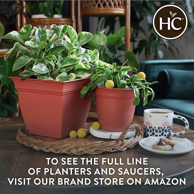 The HC Companies 12 Inch Eclipse Square Planter Pots with Drainage Holes & Attached Saucer, Lightweight UV-Resistant Plastic Indoor Outdoor Planters, 2-Pack Flower Pots for Garden & Home Decor, Teal