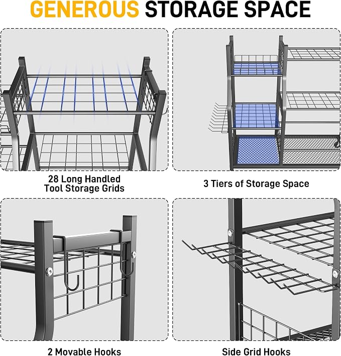 Storage Rack for Garden Tools, 4 Wheels, Rust-Resistant Steel