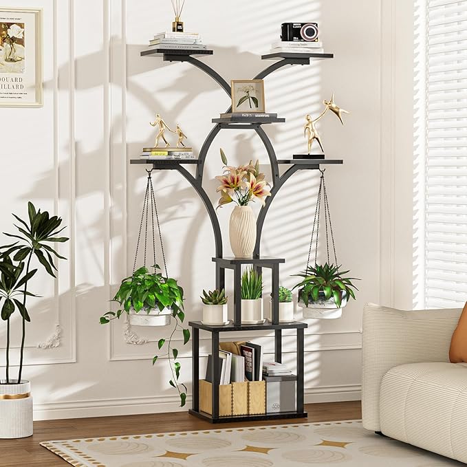 Elbourn Plant Stand Indoor with Grow Lights - 60" Tall Metal Plant Shelf for Multiple Plants, 8 Tiered Corner Plant Stands for Indoor Plants, X - Shaped Decorative Rack for Home, Living Room & Patio Decor (Black)