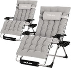 UDPATIO Oversized Zero Gravity Chair Set of 2, 33In XXL Patio Reclining Chair with Cushion, Outdoor Folding Recliner with Pillows|Cup Holder|Foot Rest|Padded Headrest, Grey, Support 500LB