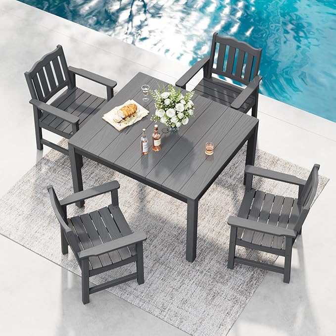 Stoog All-Weather Patio Dining Sets, 5 Pieces Outdoor HIPS Dining Table with Aluminum Frame, Patio Dining Table and 4 Chairs, Low Maintenance, Grey
