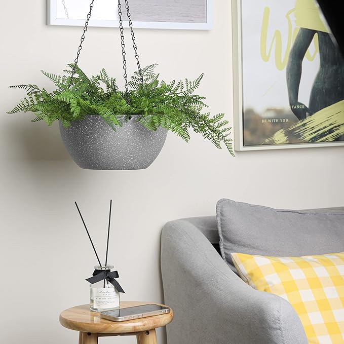 T4U Hanging Planters for Indoor Plants, 10 Inch Hanging Planter Outdoor 2 Pack, Hanging Basket with Drainage Holes, Hanging Plant Holder Indoor, Flower Pots, Plant Pots for Garden, Grey