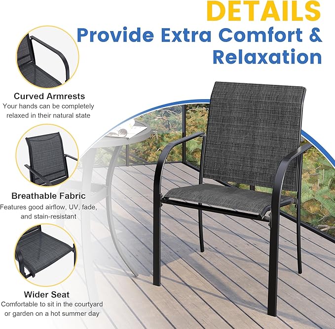 VICLLAX Patio Dining Set for 6, 7 Pieces Outdoor Furniture Set- 47" Round Patio Table and 6 Patio Chairs, Grey Wood Grain Tabletop and Grey Fabric