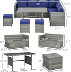 Outsunny Wicker Outdoor Patio Furniture Set, L-Shaped 7 Piece Outdoor Dining Sectional Sofa with Dining Table and Chair, Storage Loveseat, Ottomans and Cushions, Dark Blue