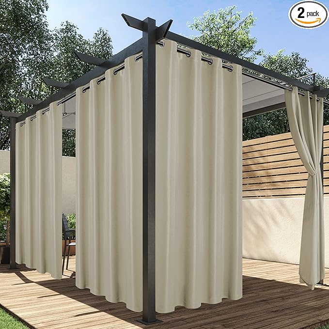 HolidayIdeas Outdoor Curtains for Patio Waterproof, 2 Panels - 84 x 95 Inch - Privacy Protection & Light Filtering Curtains Grommet Outside Curtains for Porch, Gazebo, Pergola, Backyard (Taupe)