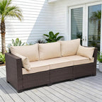 WAROOM Patio Couch PE Rattan 3-Seat Outdoor Sofa Brown Wicker Furniture Set Deep Seating with Anti-Slip Beige Cushion