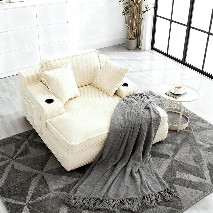 67" Oversized Chaise Lounge Chair Indoor, Soft Boneless Cloud Couch with 3 Pillows, 4 Side Pockets and 2 Cup Holders, Comfy Corduroy Sleeper Couch for Living Room Bedroom