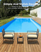 3 Pieces Porch Furniture Set Patio Rocking Bistro Set Outdoor Patio Chairs Rattan Conversation Sets with Coffee Table for Front Porch Garden Balcony Backyard Poolside (Beige Cushion)