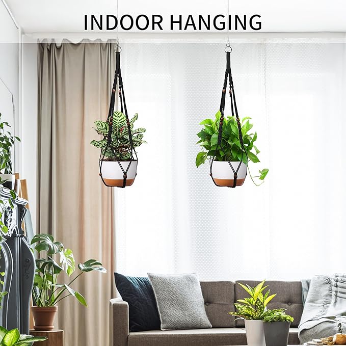 Macrame Plant Hanger - Fits 6 to 15 inches Pots for Indoor Outdoor, 43 Inch, Set of 2, Black (POTS NOT Included)
