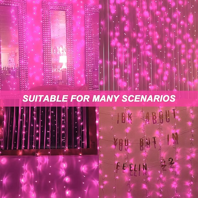 Indoor String Lights, Pink LED Curtain Lights, 8 Blinking Modes, 6.6 x 6.6 ft