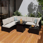 8 Pcs Patio Furniture Set with Fire Pit Table Wicker Outdoor Sectional Sofa, Conversation Set Perfect for Backyard, Garden, Deck (Deep Brown/Beige)