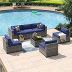 Aoxun 7 Piece Patio Furniture Set Wicker Rattan Patio Conversation Set Outdoor Sectional Sofa Set with Coffee Table and Thickened Cushions, Gray/Blue(Waterproof Cover Included)