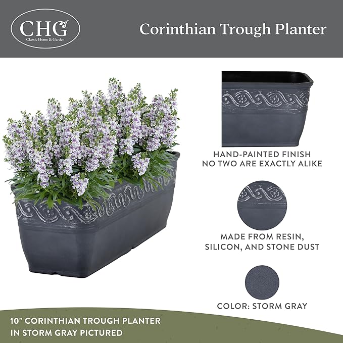 Classic Home and Garden Corinthian Rectangular Planter Box w/Drain Plug - Small Succulent Pots - Shallow Trough Planter for Indoor/Outdoor (10” Storm Gray, Pack of 1)