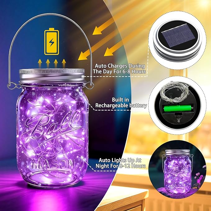 String Lights Solar Mason Jar Hanging Lights, 6 Mixed Colors