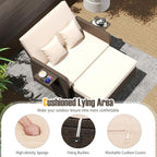 LDAILY Moccha Outdoor Daybed, Wicker Loveseat Sofa Set with 4-Postion Adjustable Backrest, Storage Ottoman, Cushions, Rattan Double Bed Lounger, Patio Furniture Set (Beige)