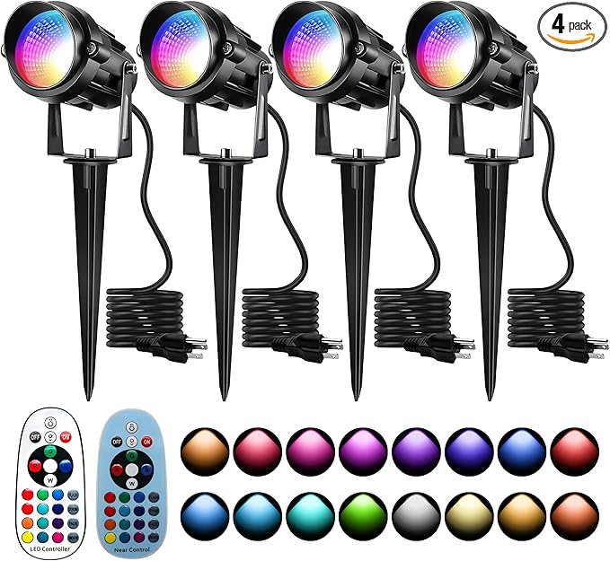Halloween Christmas Outdoor Spotlights,12W RGBW Colors Changing Landscape Spotlight with Remote Control, IP65 Waterproof 110V Plug in LED Spotlight Outdoor for Yard Garden House (4Pack)