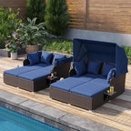 Tangkula Patio Rattan Daybed with Retractable Canopy, Outdoor Wicker Sunbed with 2 Foldable Side Tables, Thick Seat & Back Cushions, Outside Double Daybed for Garden, Backyard, Porch, Navy & Brown