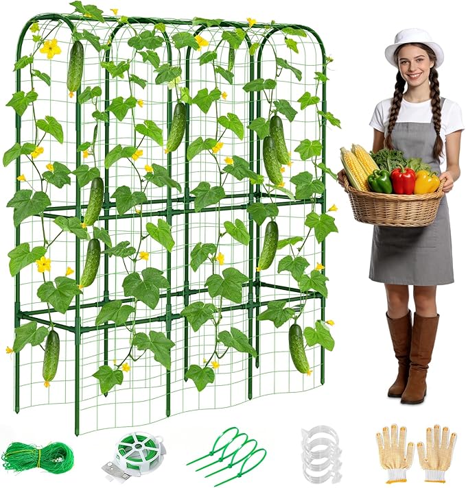 65in Tall Cucumber Trellis for Raised Bed, 50" L x 65" H Metal Garden Trellis for Climbing Plants Outdoor, U-Shape Vegetables Trellis Support for Squash Zucchini Peas Grape