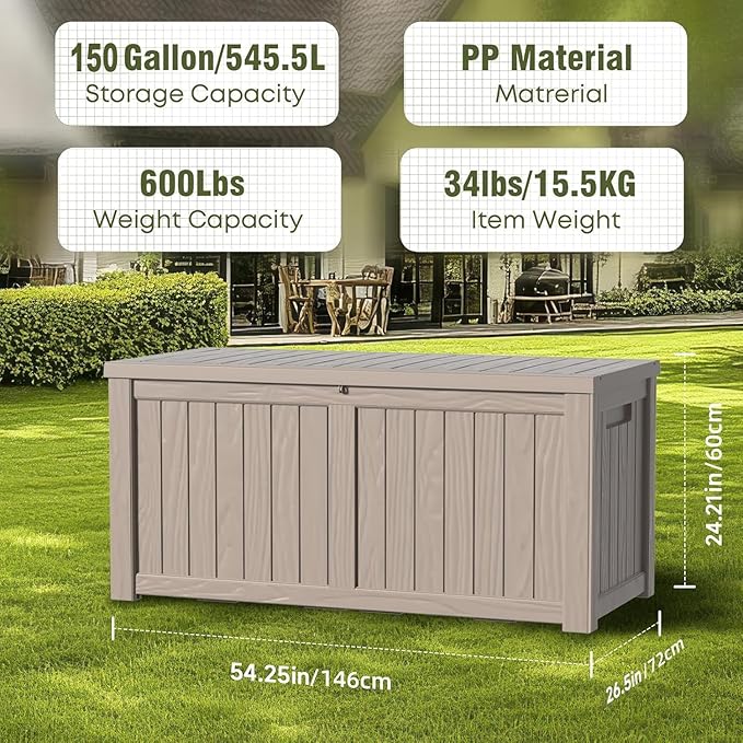 Outdoor Storage Box, 150 Gallon Resin Deck Box in Gray