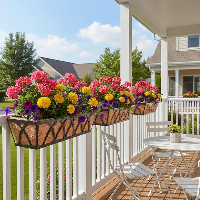 Window Deck Railing Planters Boxes with Coconut Liner, The Bottom Flat Window Boxes Planter Flower Boxes Metal Black Balcony Planters Railing Hanging for Outdoor Fence Porch Patio Lawn(2Pcs 24 Inch)