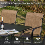VICLLAX Patio Dining Set for 6, All Weather Metal Outdoor Furniture Set- 47" Round Patio Table and Chairs, Walnut Tabletop and Brown Fabric