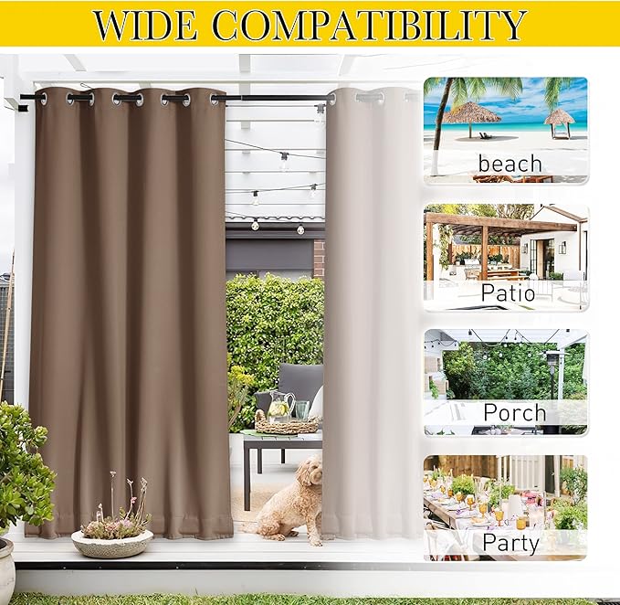 NICETOWN 2 Panels Waterproof Outdoor Curtains for Patio, Windproof W100 x L84 Grommet & Back Tab on Top & Bottom Thermal Insulated Sun Blocking Privacy Drapes with Rope for Gazebo, Tan
