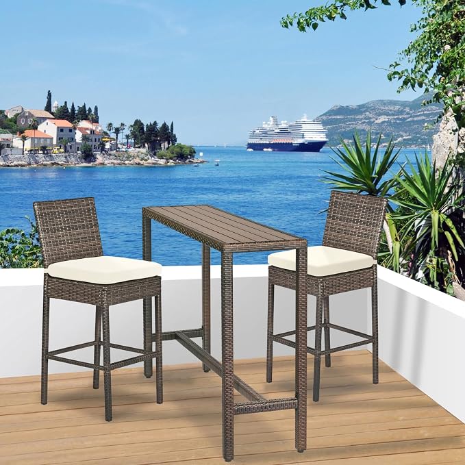 Bar Table 55 Inch Outdoor Wicker Pub Table with Poly Lumber Top
