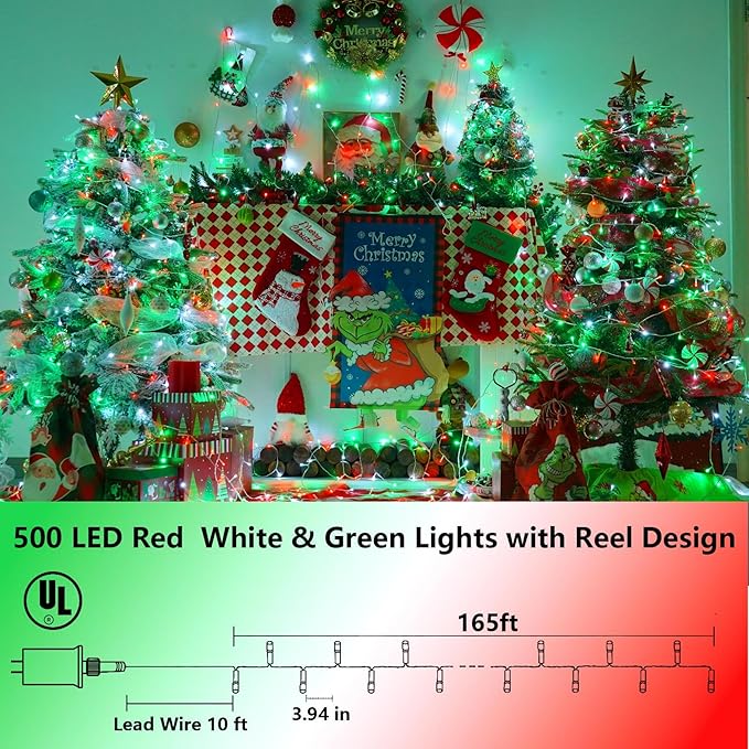 String Lights, 500 LED, 165ft Outdoor Christmas Lights in Red, White and Green