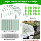 60pcs Garden Hoops for Raised Beds Wide, 8ft Greenhouse Hoops Grow Tunnel for Row Cover Netting, Adjustable Fiberglass Rust-Free Garden Bed Plant Hoops Support DIY Frame Stake for Outdoor, 40pcs Clips
